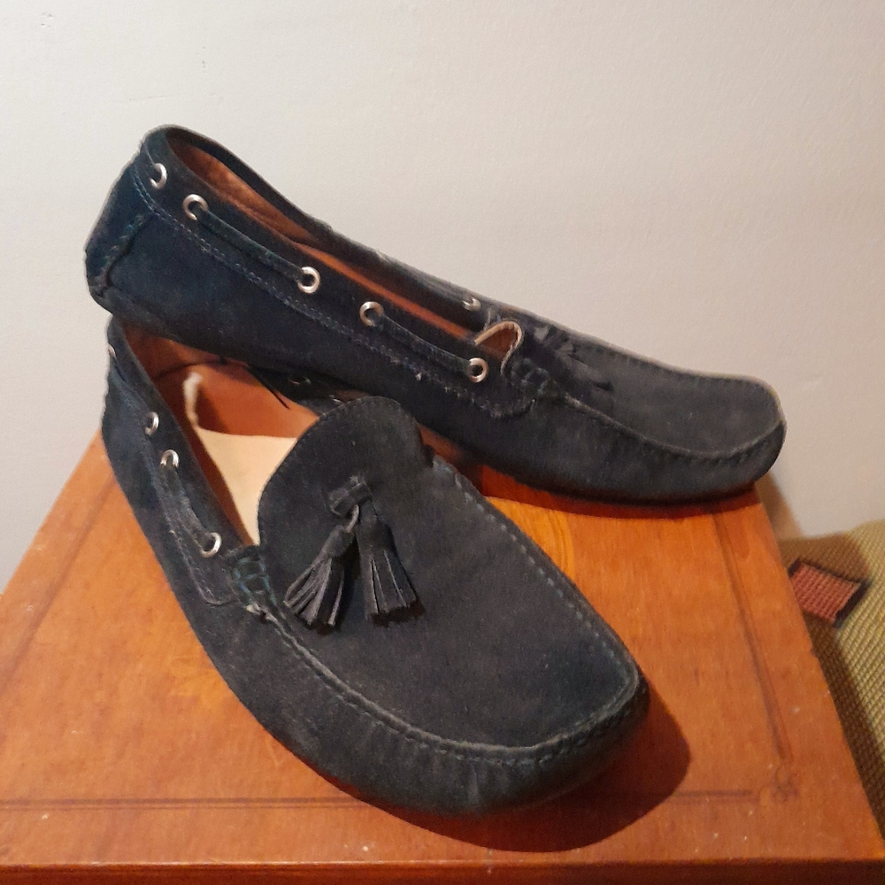 GianRos Italian handsewn suede slip-on driving moccasins, size 44, Midnight Blue